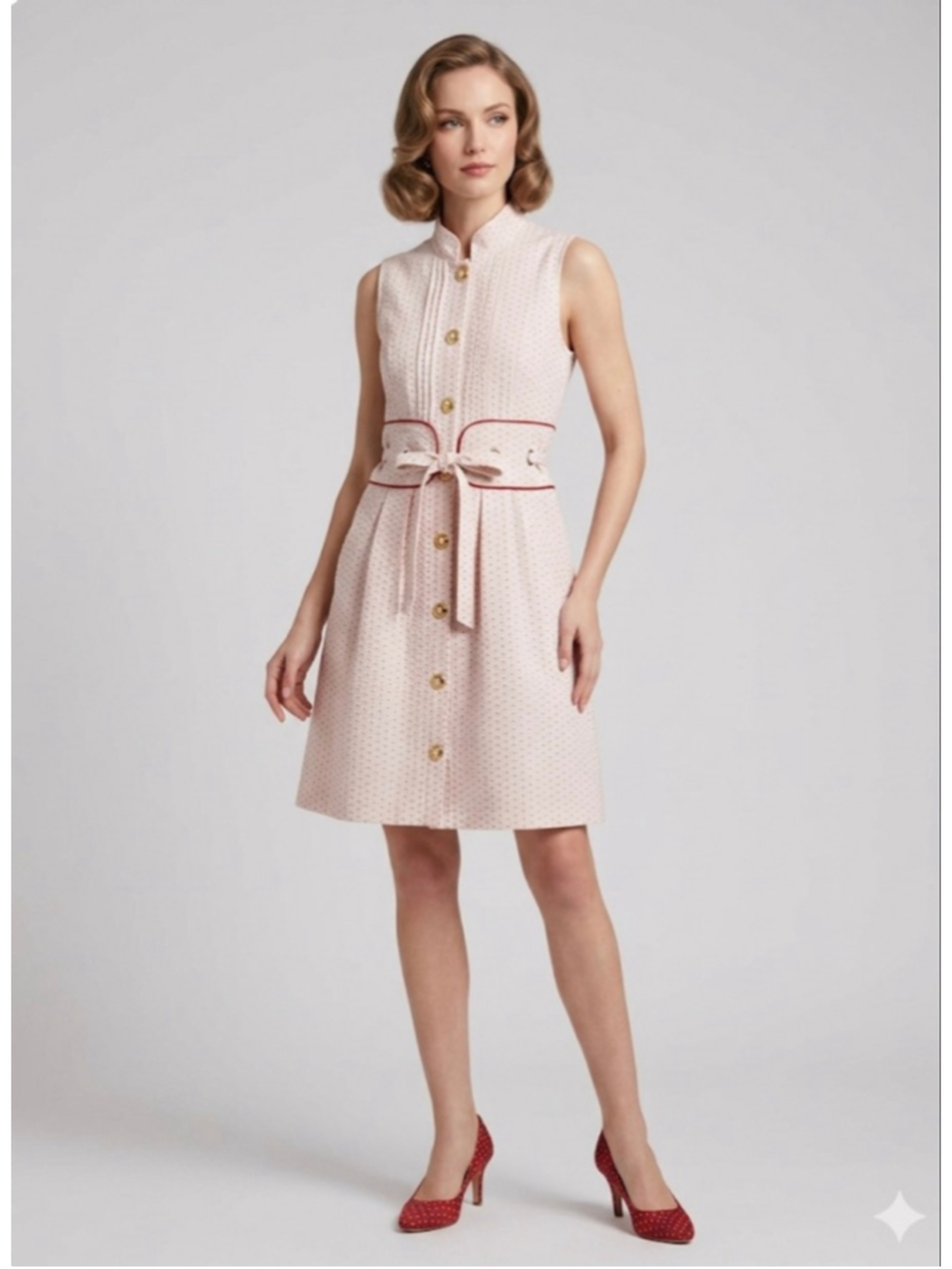 Freeway Beige & Red Polka Dot Sleeveless Mini Dress M